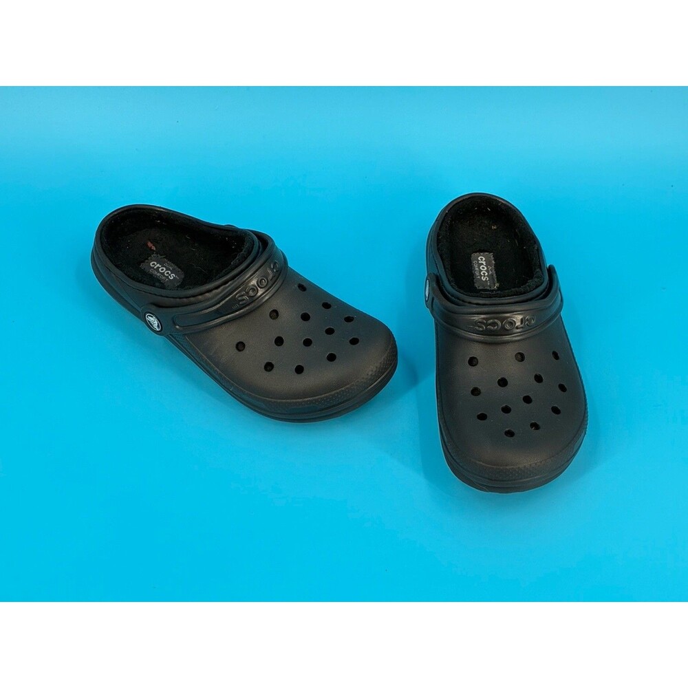 Crocs Classic Lined Clog Kids J3 Black Fuzzy Fleece Slip On Shoes